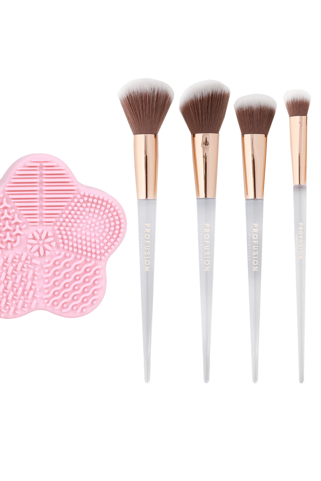 Profusion Cosmetics - Frosted Snow Sparkle | 7 PC Makeup Brush & Cleaning Mat Set