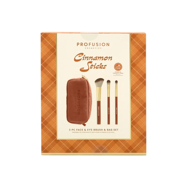 Profusion Cosmetics - Pumpkin Spice | Cinnamon Sticks 3 PC Face & Eye Brush & Bag Set