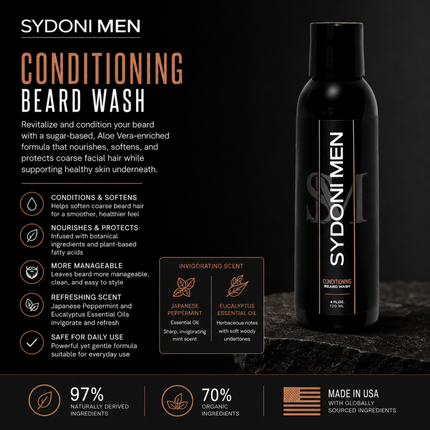 Sydoni - CONDITIONING BEARD WASH with PEPPERMINT and EUCALYPTUS ESSENTIAL OILS 120 ml 4oz.