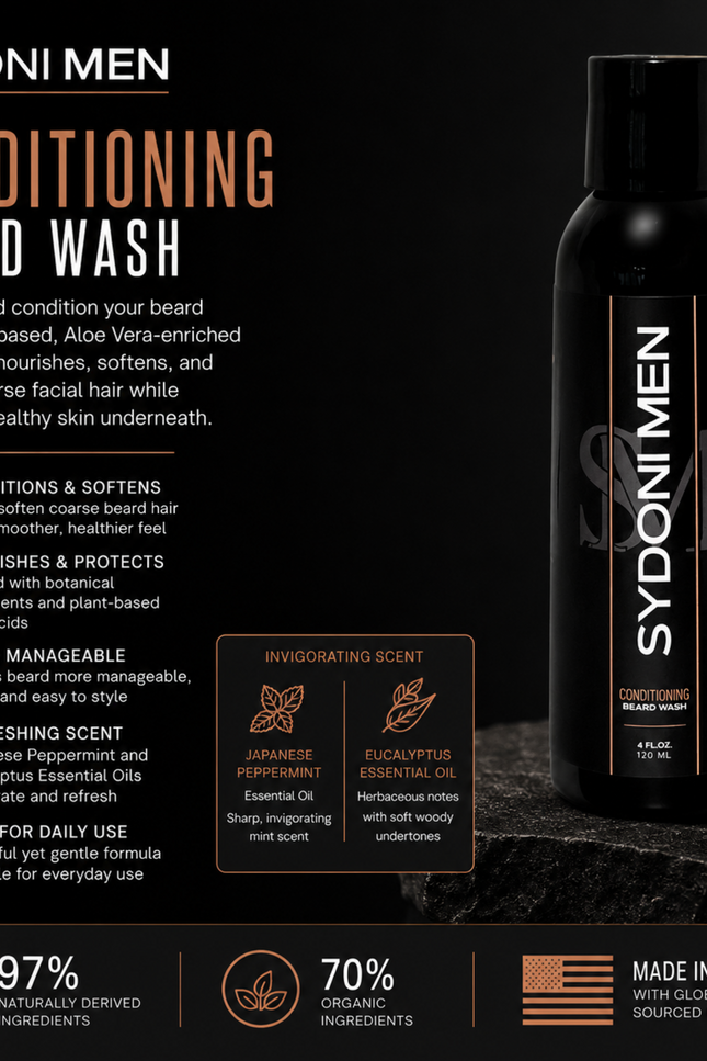 Sydoni - CONDITIONING BEARD WASH with PEPPERMINT and EUCALYPTUS ESSENTIAL OILS 120 ml 4oz.
