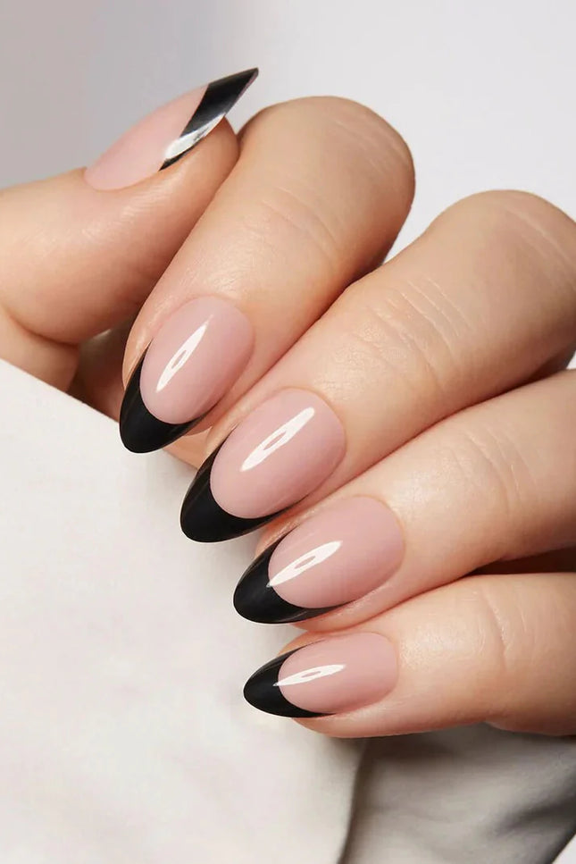 Nail Pop Studio - Black French Almond Nails - Press On Nails | Long Lasting & Reusable