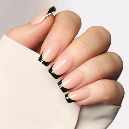 Nail Pop Studio - Classic Black French Square Nails - Press On Nails | Long Lasting & Reusable