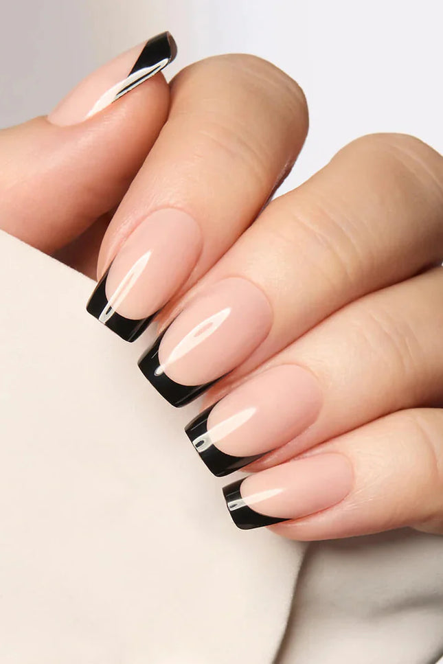 Nail Pop Studio - Classic Black French Square Nails - Press On Nails | Long Lasting & Reusable