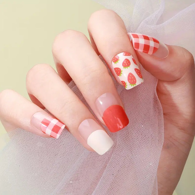 Candied Nails - Nail Sticker - Strawberry Gingham Gel Nails