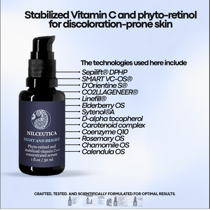 NILCEUTICA - TIGHT AND BRIGHT, an Advanced Gentle Phyto-Retinol and Vitamin C Face Serum, 12 Innovative Technologies, 55% High-Performance Cosmeceuticals